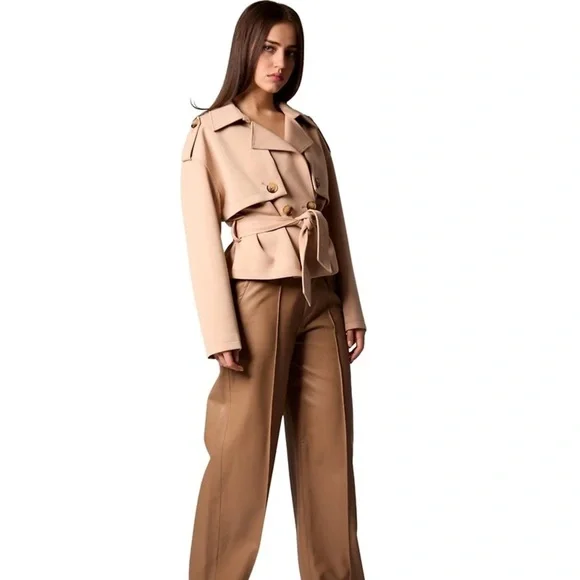 Blue Revival Women's Cropped Scuba Belted Trench Coat - Picture 3 of 6